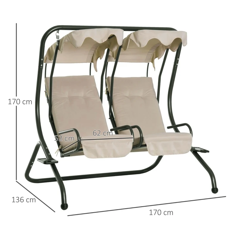 Outsunny Garden Swing Chair Outdoor 2 Seater Canopy Swing Swinging Hammock Bench Patio Cushioned Seat With Tray Beige
