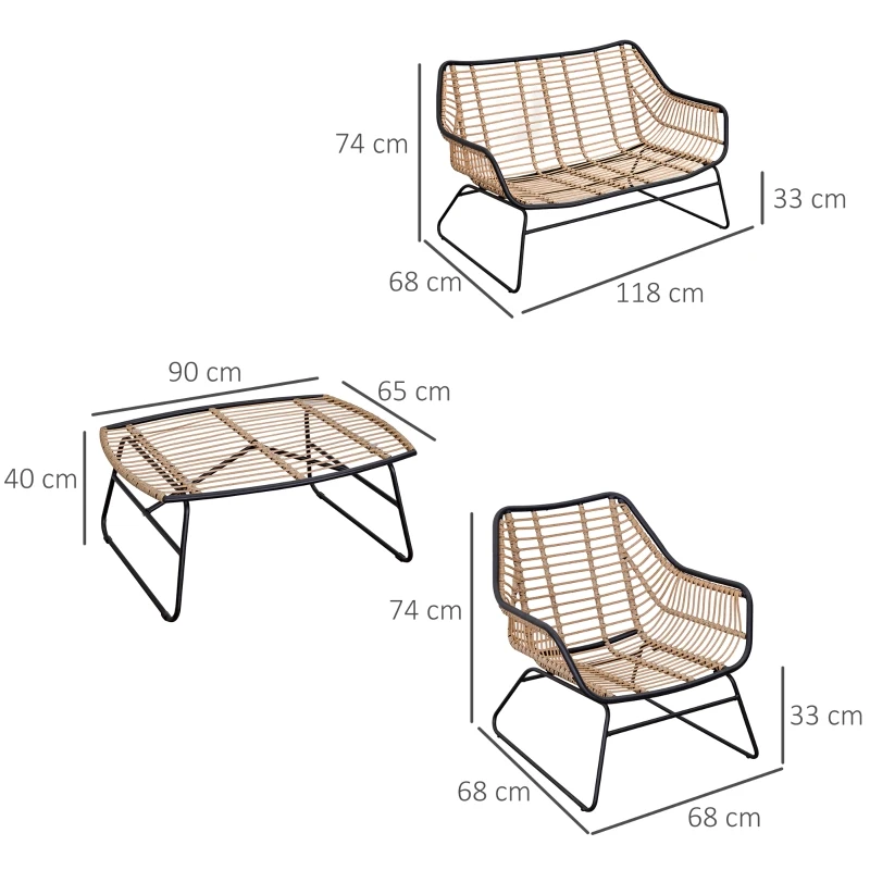 Outsunny Polyrattan Gartenbank 4-teiliges Rattensofa-Set für Pause Teetisch aus gehärtetem Glas Sitzbank mit Tisch & Kissen Stahlrahmen Stahl Polyester Khaki+Beige