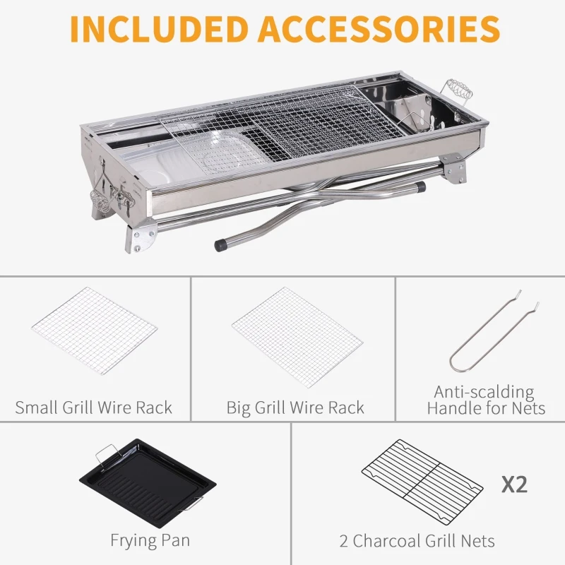 Outsunny Stainless Steel Portable Foldable Charcoal BBQ Barbecue Grill Outdoor Cooker for Camp Party Picnic