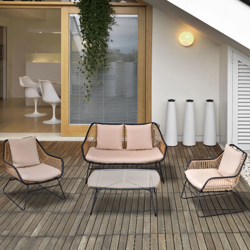 Outsunny Polyrattan Gartenbank 4-teiliges Rattensofa-Set für Pause Teetisch aus gehärtetem Glas Sitzbank mit Tisch & Kissen Stahlrahmen Stahl Polyester Khaki+Beige