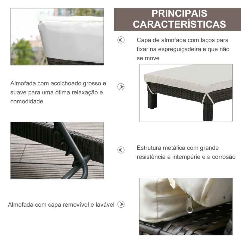 Outsunny Conjunto de 2 Espreguiçadeiras de Jardim de Vime Reclináveis em 5 Posições 196x65x22 cm Marrom e Creme