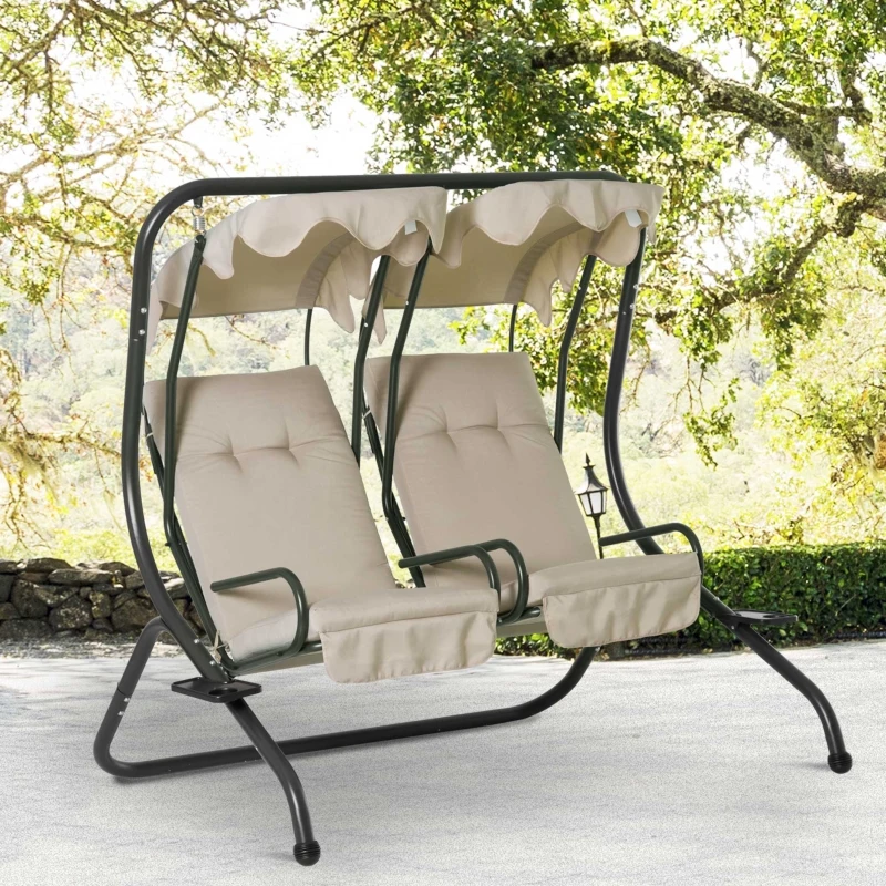 Outsunny Garden Swing Chair Outdoor 2 Seater Canopy Swing Swinging Hammock Bench Patio Cushioned Seat With Tray Beige