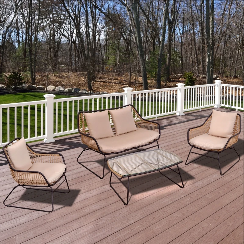 Outsunny Polyrattan Gartenbank 4-teiliges Rattensofa-Set für Pause Teetisch aus gehärtetem Glas Sitzbank mit Tisch & Kissen Stahlrahmen Stahl Polyester Khaki+Beige