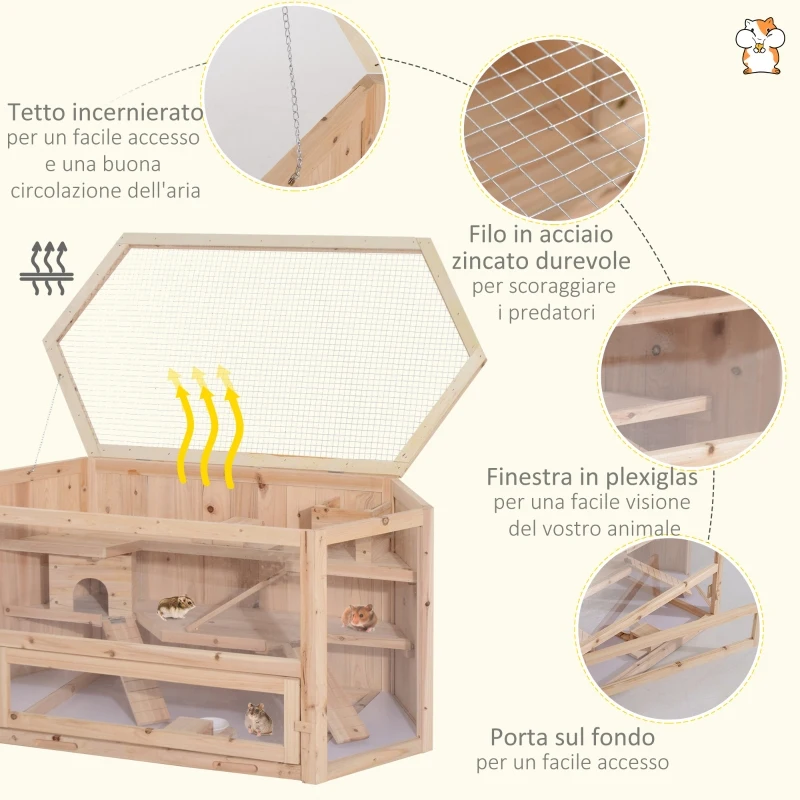 PawHut Gabbia per Roditori e Criceti a 2 Ripiani con Tetto Apribile in Legno 115x60x58cm