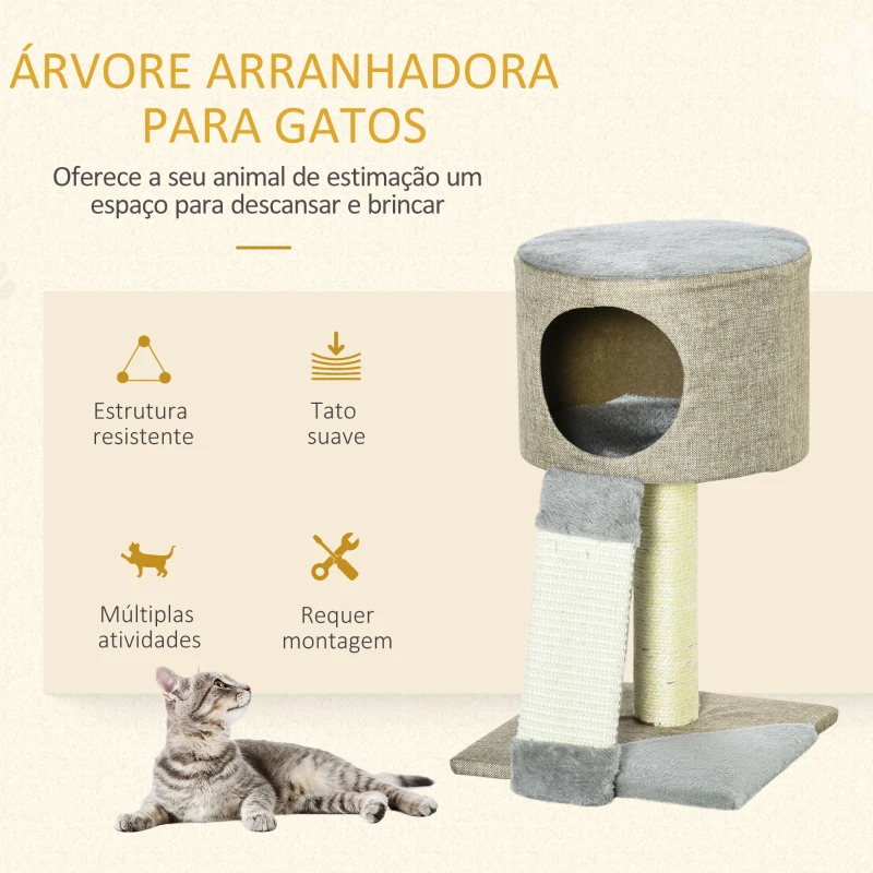 PawHut Árvore Arranhador para Gatos Pequena Altura 50cm Árvore Arranhador para Gatos com Caverna Rampa Arranhador de Sisal Natural e Bolsa Suspensa 30x30x50cm Bege Escuro