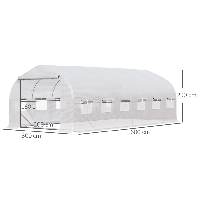 Outsunny Estufa Tipo Túnel 6x3x2m Estufa de Jardim com Porta e 12 Janelas Enroláveis de Polietileno e Aço Galvanizado para Cultivos de Plantas Flores Branco