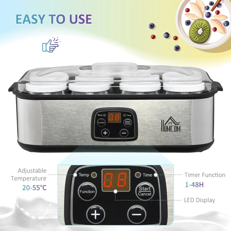 HOMCOM Yoghurt Maker with 8 180ml Glass Jars, Stainless Steel Yogurt Machine with Timer, Adjustable Thermostat and LCD Display for Healthy Homemade Desserts