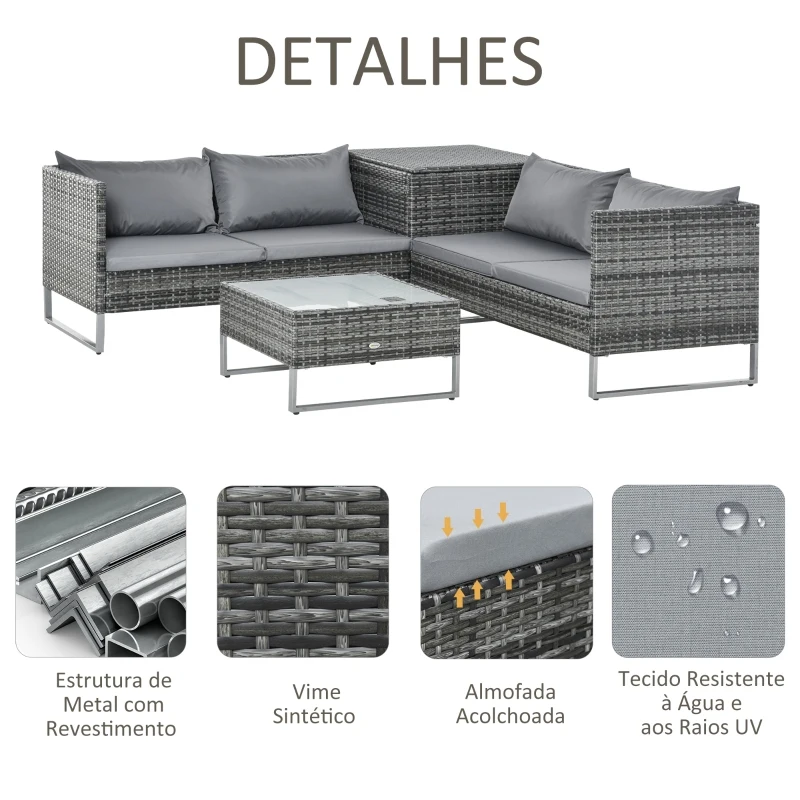 Outsunny Conjunto de 4 Móveis de vime para Jardim com 2 Sofás Duplos Mesa central mesa de baú e almofadas removíveis 132x69x64 cm Cinza