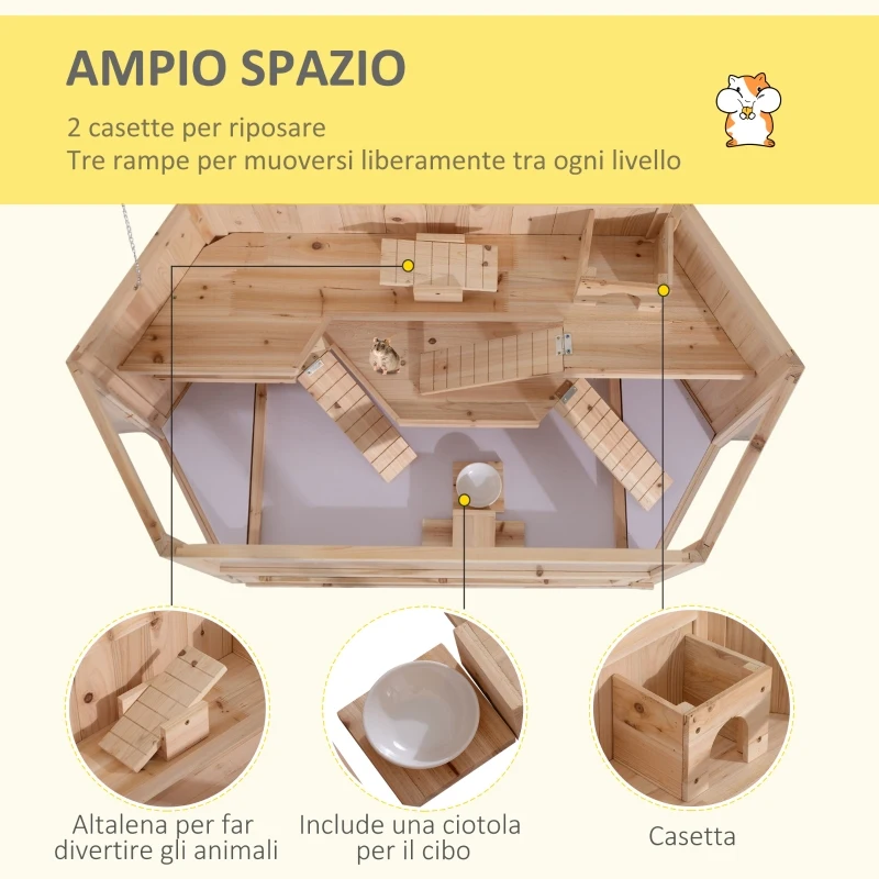PawHut Gabbia per Roditori e Criceti a 2 Ripiani con Tetto Apribile in Legno 115x60x58cm