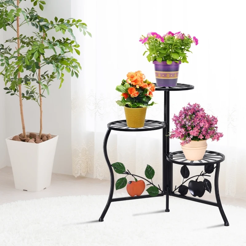 Outsunny Blumenständer Blumentreppe Pflanzenregal 3 Ablagen Pflanzenständer Retro-Design Deko Metall Schwarz 64 x 45 x 56 cm