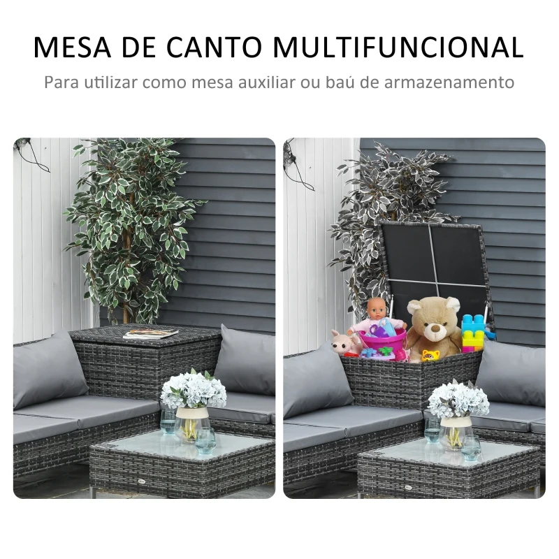 Outsunny Conjunto de 4 Móveis de vime para Jardim com 2 Sofás Duplos Mesa central mesa de baú e almofadas removíveis 132x69x64 cm Cinza