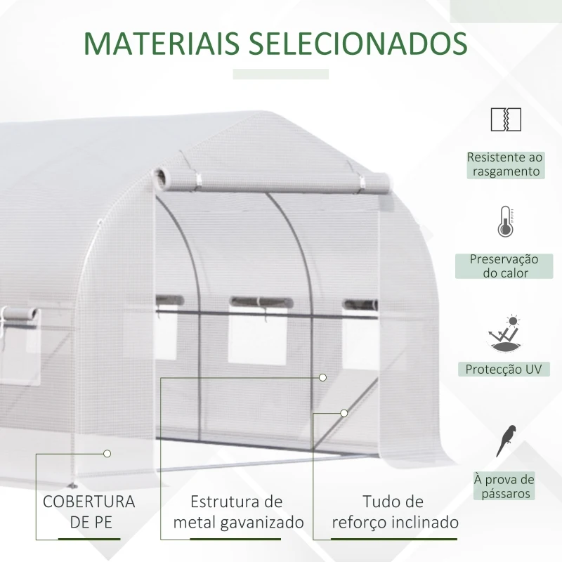 Outsunny Estufa Tipo Túnel 6x3x2m Estufa de Jardim com Porta e 12 Janelas Enroláveis de Polietileno e Aço Galvanizado para Cultivos de Plantas Flores Branco