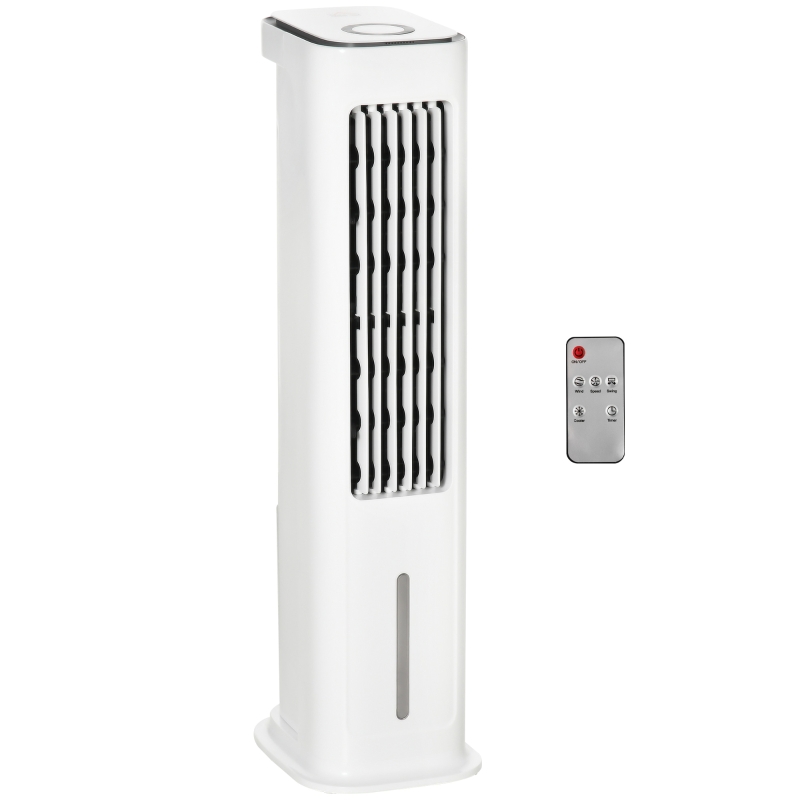 HOMCOM Ventilador de Torre 75W Altura 86 cm Oscilante con Control Remoto Depósito 5L 3 Modos 3 Velocidades Temporizador 12h y Pantalla LED Táctil 23x29x86 cm Blanco