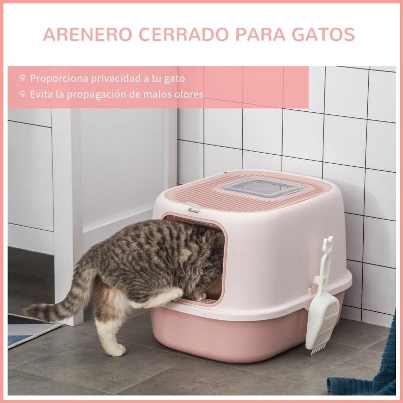 PawHut Caja de Arena para Gatos Arenero Cerrado para Gatos con Entrada Delantera Salida Superior Bandeja Extraíble y Pala 40x53,5x37,5 cm Rosa