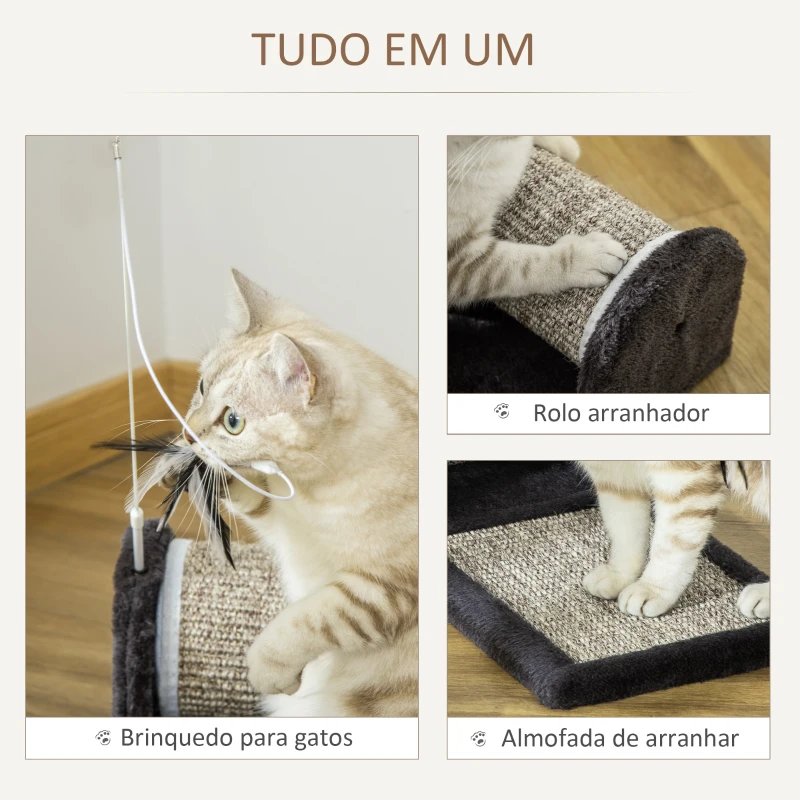 PawHut Arranhador para Gatos com Rolo Placa para Arranhar Revestidos de Sisal Natural e Brinquedo Suspenso Centro de Atividades para Animais de Estimação 44x24x16 cm Cinza