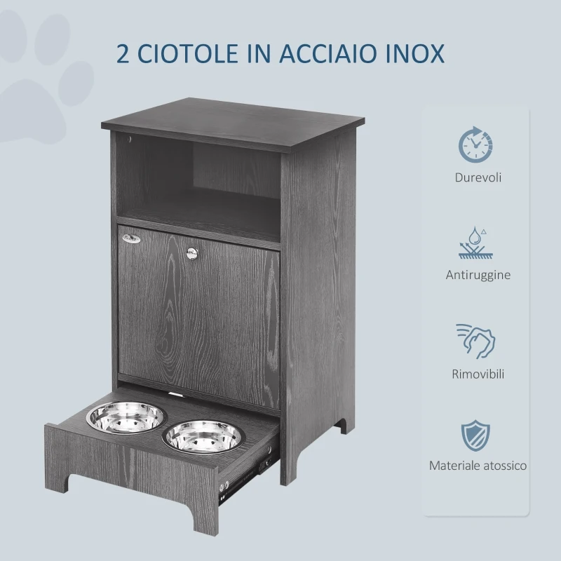 PawHut Mobile Multiuso con Ciotole per Cani e Gatti, Acciaio e Legno, 48x40x75cm, Grigio