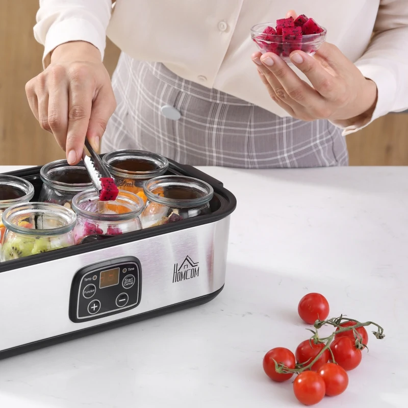 HOMCOM Yoghurt Maker with 8 180ml Glass Jars, Stainless Steel Yogurt Machine with Timer, Adjustable Thermostat and LCD Display for Healthy Homemade Desserts