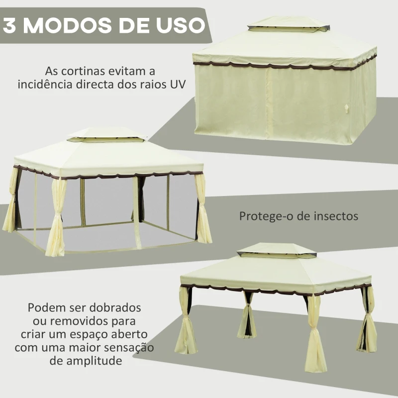 Outsunny Pérgola de Jardim 4x3m Pérgola de Alumínio com  Teto com Ventilação 4 Cortinas Laterais 4 Telas Mosquiteiras e 8 Orifícios de Drenagem para festas Eventos Exterior Creme
