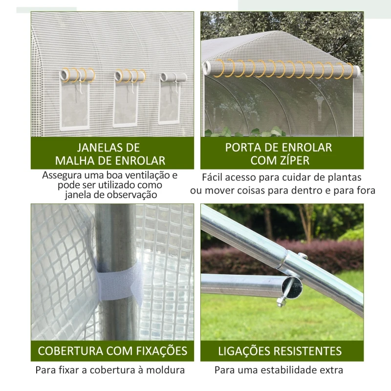 Outsunny Estufa Tipo Túnel 6x3x2m Estufa de Jardim com Porta e 12 Janelas Enroláveis de Polietileno e Aço Galvanizado para Cultivos de Plantas Flores Branco
