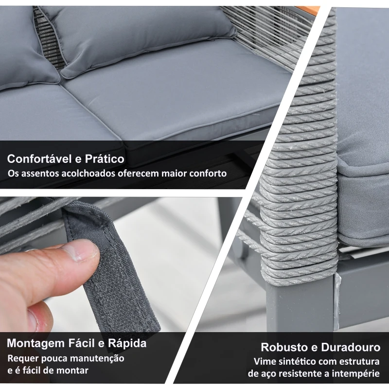 Outsunny Conjunto de móveis de jardim de 4 peças vime com 1 mesa de centro 1 sofá duplo e 2 cadeiras Almofadas acolchoadas para pátio terraço Cinza
