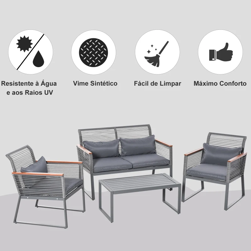 Outsunny Conjunto de móveis de jardim de 4 peças vime com 1 mesa de centro 1 sofá duplo e 2 cadeiras Almofadas acolchoadas para pátio terraço Cinza
