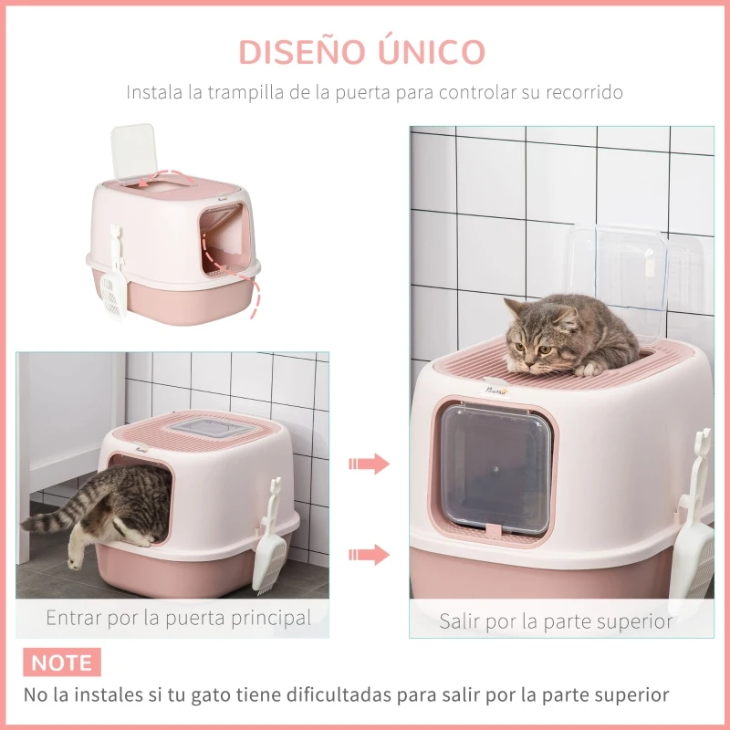 PawHut Caja de Arena para Gatos Arenero Cerrado para Gatos con Entrada Delantera Salida Superior Bandeja Extraíble y Pala 40x53,5x37,5 cm Rosa
