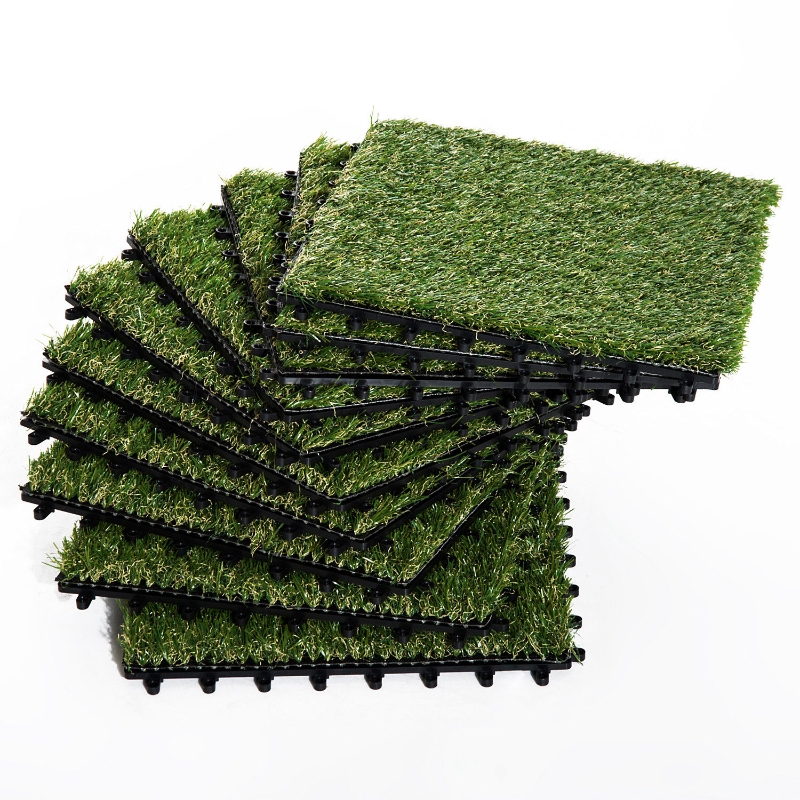 Outsunny Terrassenfliesen Set Kunstrasen Grasmatte Bodenfliese 10 Stücke, 25mm, 30x30cm, Grün