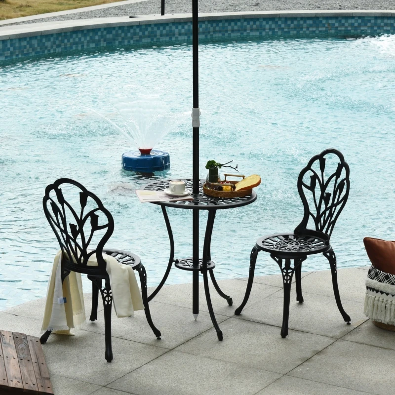 Outsunny 3PCs Garden Table Set Bistro Set Round Table with Umbrella Hole and 2 Chairs for Outdoor Indoor Patio Balcony Aluminium