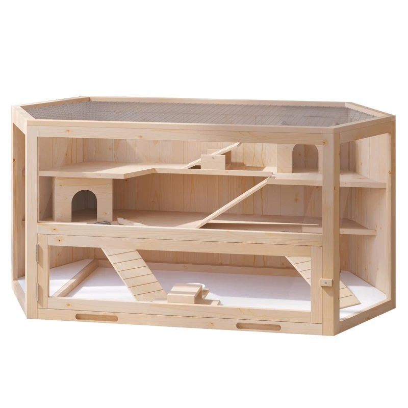 PawHut Gabbia per Roditori e Criceti a 2 Ripiani con Tetto Apribile in Legno 115x60x58cm