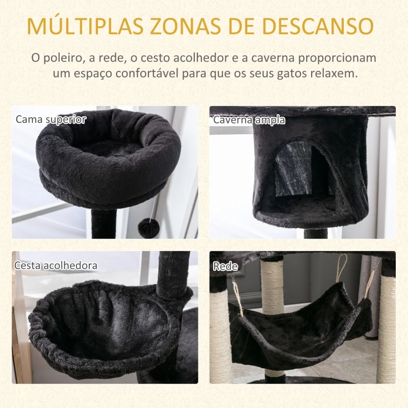 PawHut Árvore Arranhador para Gatos Grande Altura 153cm Torre de Escalada para Gatos com Caverna Redes Plataformas Postes Arranhadores de Sisal e Bola Suspensa Cinza Escuro