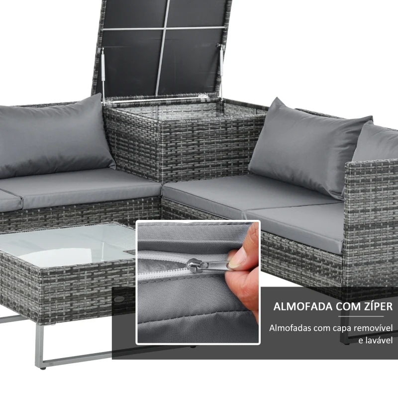 Outsunny Conjunto de 4 Móveis de vime para Jardim com 2 Sofás Duplos Mesa central mesa de baú e almofadas removíveis 132x69x64 cm Cinza