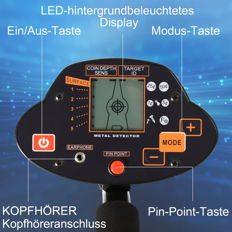 Outsunny Wykrywacz Metali Wodoodporny z Cewką Ø22 cm Alu ABS Czarny 23 x 22 x 114-135 cm dla Profesjonalistów i Początkujących
