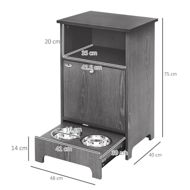PawHut Mobile Multiuso con Ciotole per Cani e Gatti, Acciaio e Legno, 48x40x75cm, Grigio