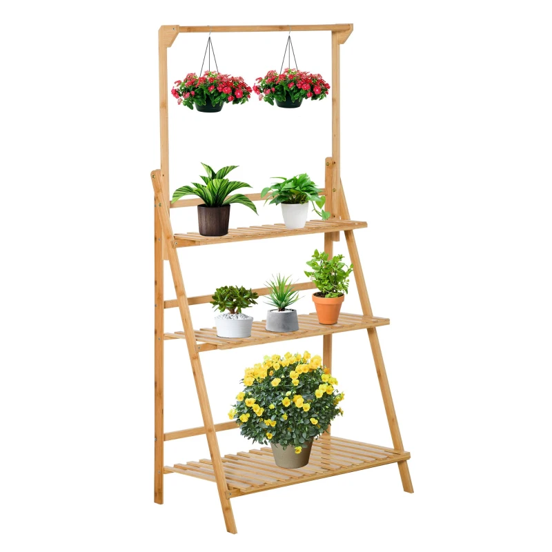 Outsunny Drewniany kwietnik schodkowy Stojak na rośliny Kwietnik drabinka regulowana wysokość zawieszenia Stojak na kwiaty wiszący bambus naturalny do wnętrz na zewnątrz 70 x 40 x 143 cm