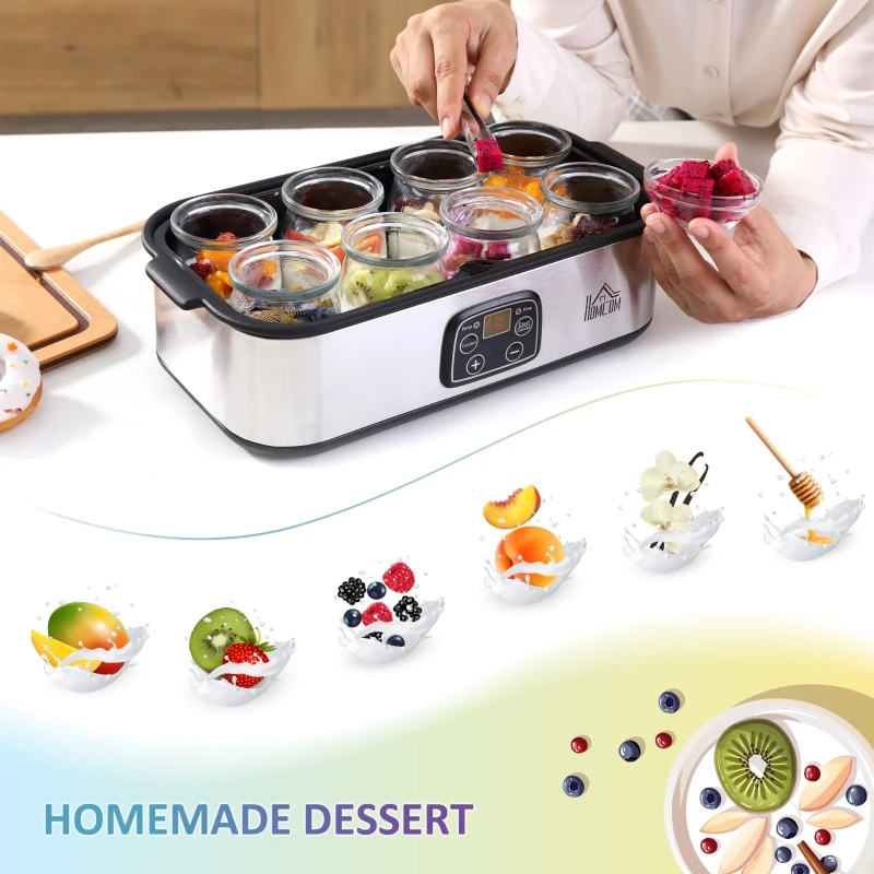 HOMCOM Yoghurt Maker with 8 180ml Glass Jars, Stainless Steel Yogurt Machine with Timer, Adjustable Thermostat and LCD Display for Healthy Homemade Desserts
