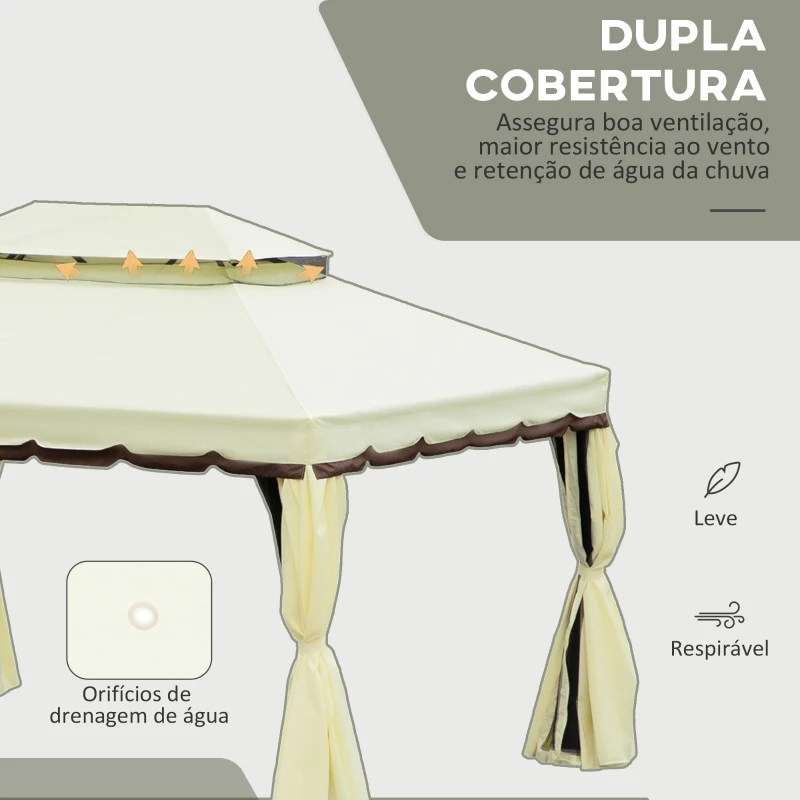 Outsunny Pérgola de Jardim 4x3m Pérgola de Alumínio com  Teto com Ventilação 4 Cortinas Laterais 4 Telas Mosquiteiras e 8 Orifícios de Drenagem para festas Eventos Exterior Creme