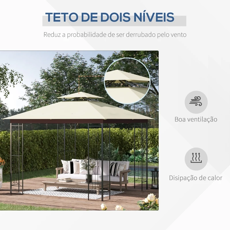 Outsunny Pérgola de Jardim 3x3m para Exterior com Duplo Teto de Ventilação e Estrutura de Aço com Proteção Solar para Festas Eventos ao Ar Livre Bege