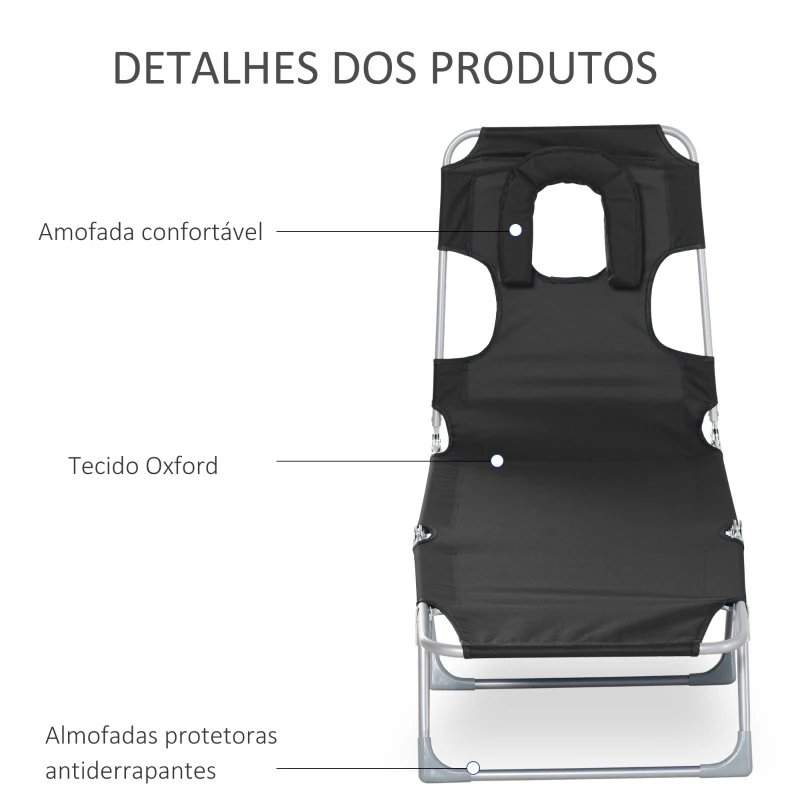 Outsunny Espreguiçadeira de Jardim Reclinável e Dobrável com Orifício de Leitura Apoio para Cabeça e Encosto Ajustável em 4 Níveis para Praia 182x56x24,5 cm Preto