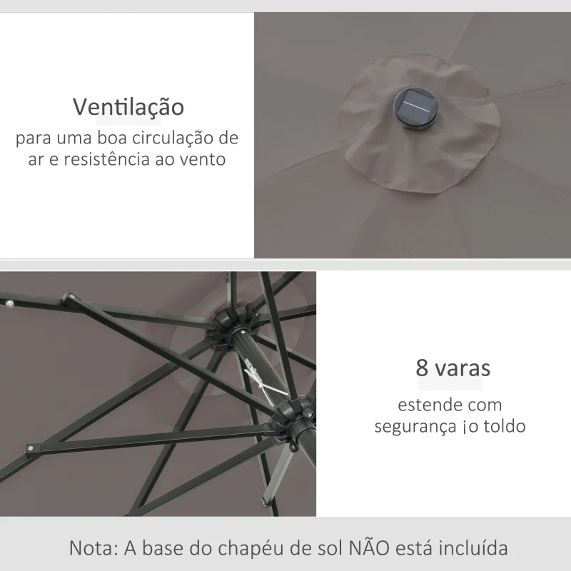 Outsunny Chapéu de Sol com 32 Luzes LED Solares Ø265x233cm Chapéu de Sol Inclinável com Manivela e Mastro de Aço para Terraço Pátio Exterior Cinza