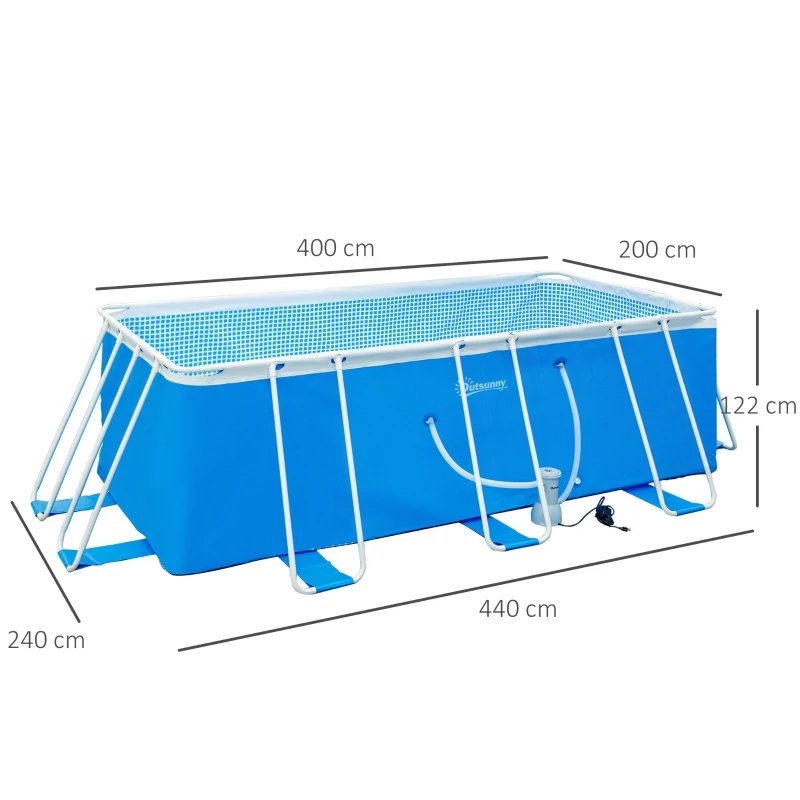 Outsunny Piscina Desmontável Tubular 440x240x122cm Piscina Retangular de Exterior com Purificador 4.000L/H Mangueiras de Comprimento 100cm e Estrutura de Aço 9760L Azul