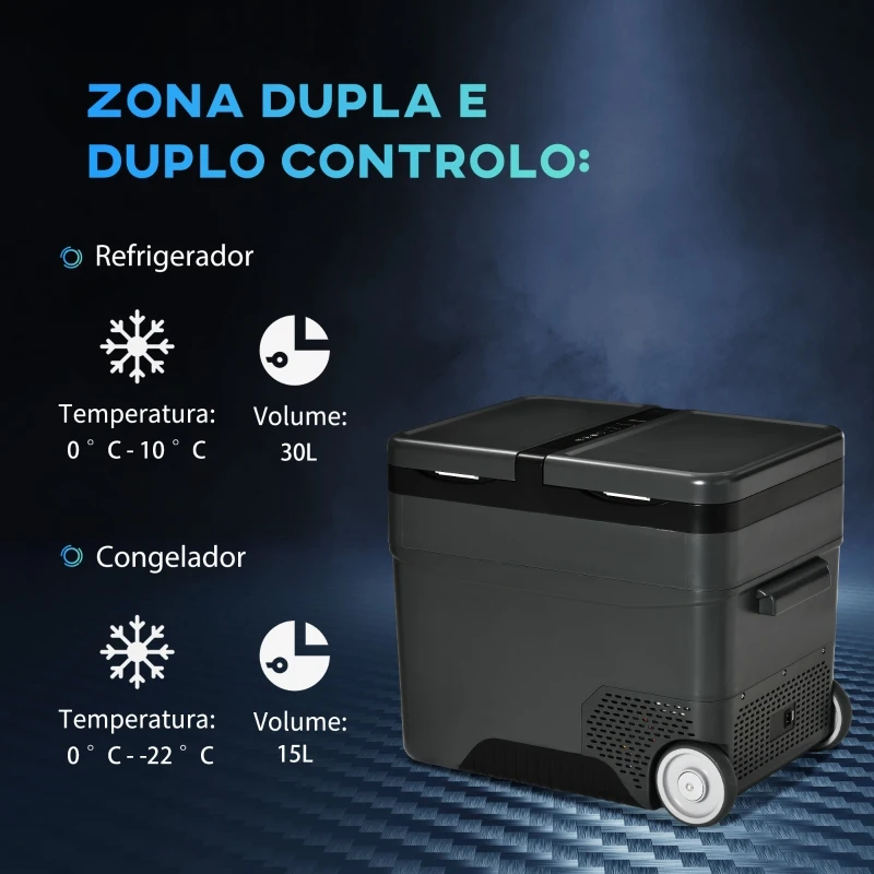 Outsunny Geleira Elétrica de Compressor Portátil 45L Geleira de Carro 12/24V CC com Temperatura de 10℃ a -22℃ Tela LCD Tátil Alças de Transporte e Rodas 63,2x42x50,8cm Cinza