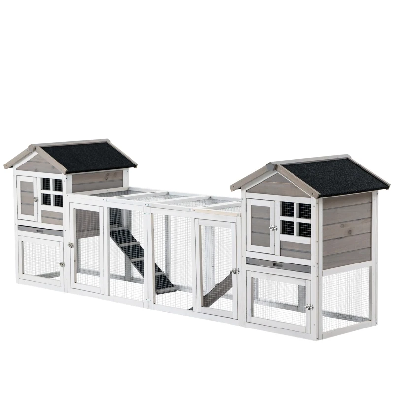 PawHut Conigliera in Legno da Esterno con 2 Casette, Area Aperta Recintata e Rampe, 259x64x92cm, Grigio