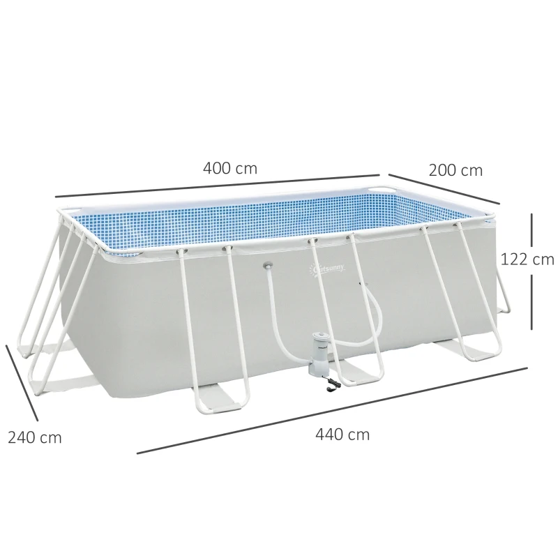 Outsunny Piscina Desmontável Tubular 440x240x122cm Piscina Retangular de Exterior com Purificador 4.000L/H Mangueiras de Comprimento 100cm e Estrutura de Aço 9760L Cinza