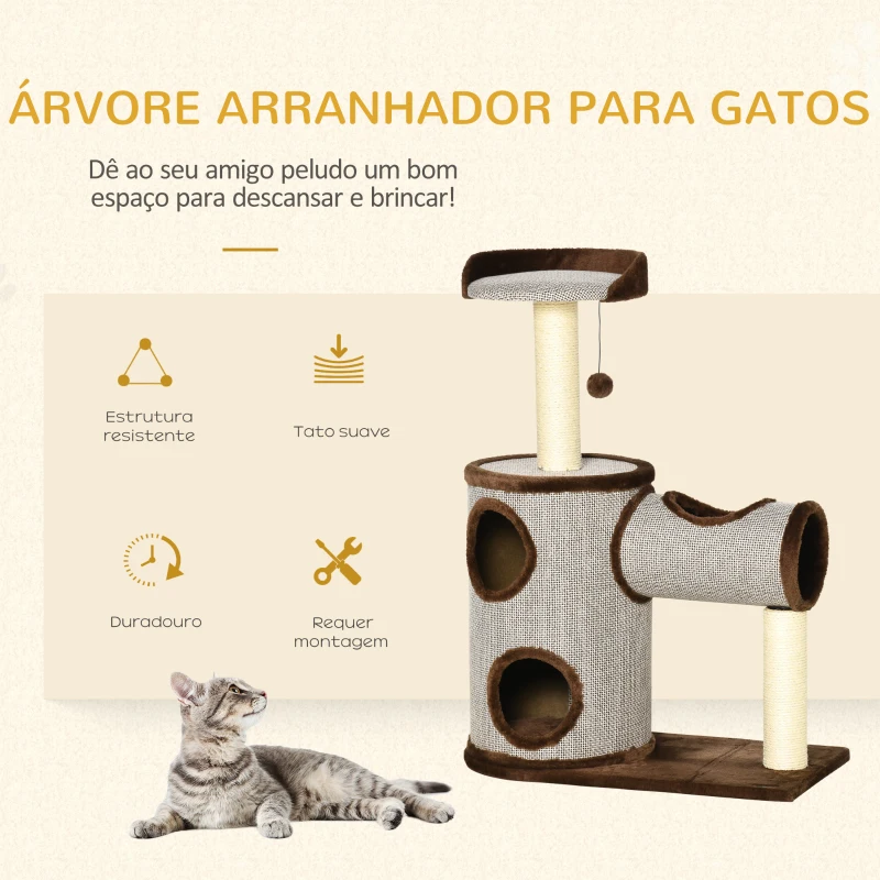 PawHut Árvore Arranhador para Gatos Médios Altura 104cm Torre de Escalada para Gatos com Barril Arranhador Plataforma Superior Túnel Poste de Sisal e Bola Suspensa 75x39x104cm Marrom