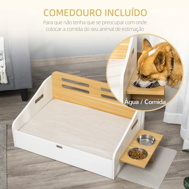 PawHut Cama de Madeira para Cães Gatos Sofá para Animais de Estimação Médios e Pequenos com Comedouro 2 Tigelas Almofada Acolchoada 100x56x39cm Natural e Branco