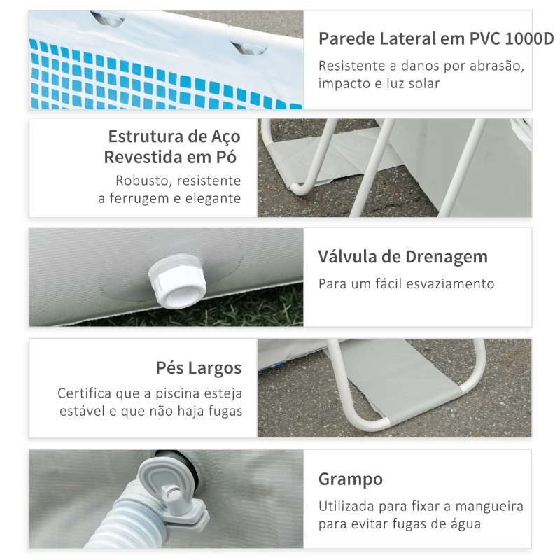 Outsunny Piscina Desmontável Tubular 440x240x122cm Piscina Retangular de Exterior com Purificador 4.000L/H Mangueiras de Comprimento 100cm e Estrutura de Aço 9760L Cinza
