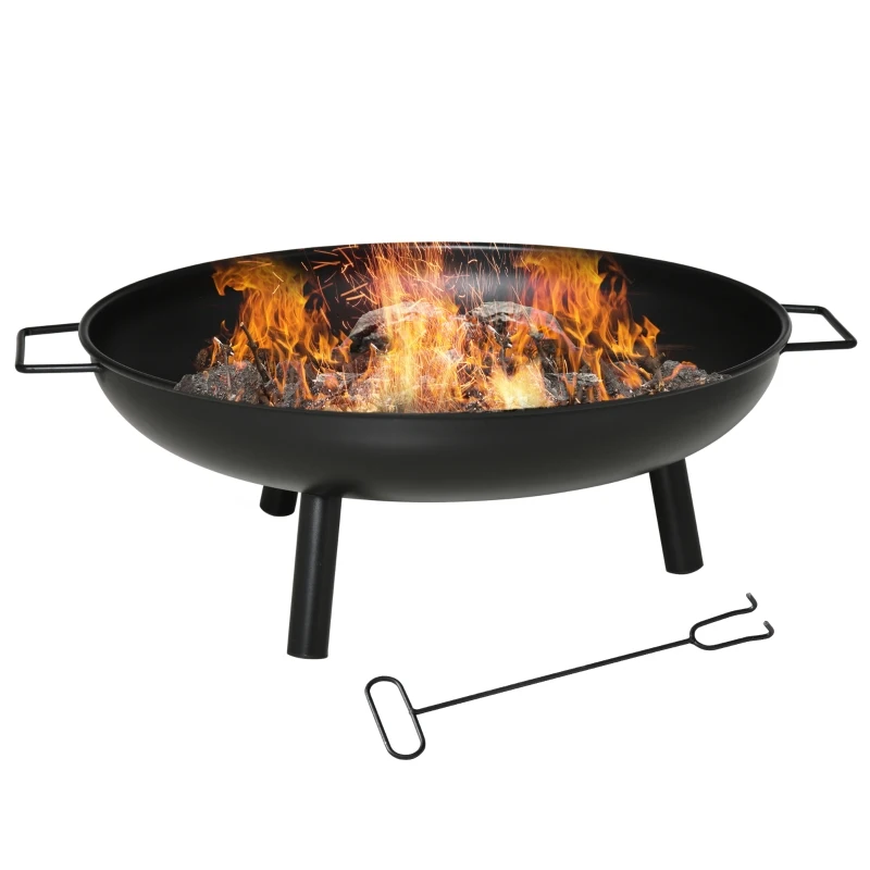 Outsunny Braseiro Exterior 90x79,5x28 cm com Tigela com Alças de Transporte Atiçador 3 Pés e Estrutura de Aço para Fogueiras Lenhas Terraço Jardim ao Ar Livre Preto