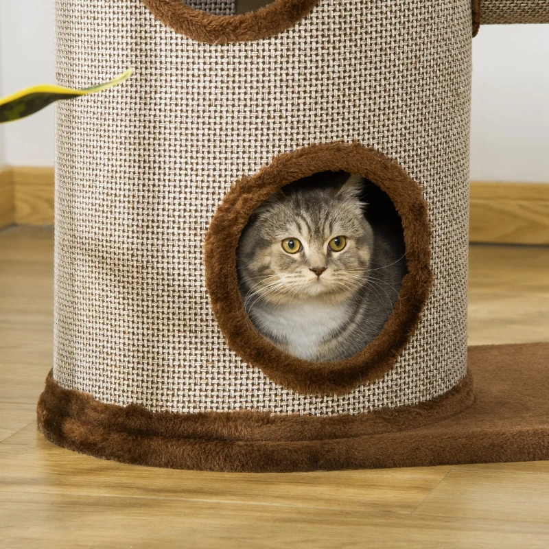 PawHut Árvore Arranhador para Gatos Médios Altura 104cm Torre de Escalada para Gatos com Barril Arranhador Plataforma Superior Túnel Poste de Sisal e Bola Suspensa 75x39x104cm Marrom
