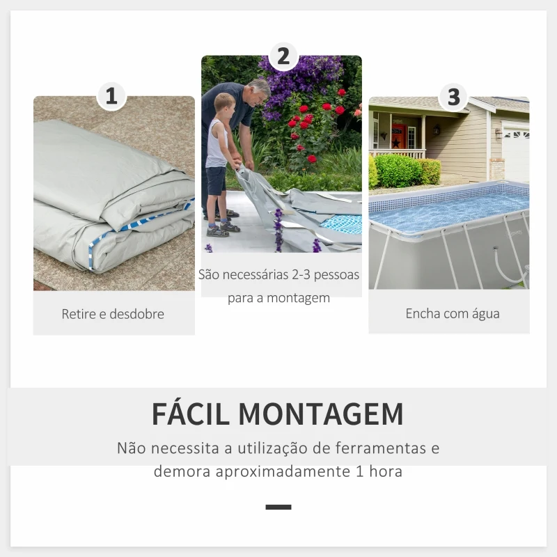 Outsunny Piscina Desmontável Tubular 440x240x122cm Piscina Retangular de Exterior com Purificador 4.000L/H Mangueiras de Comprimento 100cm e Estrutura de Aço 9760L Cinza