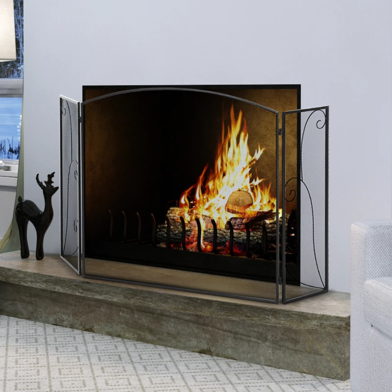 HOMCOM Parascintille a 3 Pannelli pieghevole con Cerniere, Telaio in Metallo a Maglia Decorativa, 132,5x76,5 cm, Nero